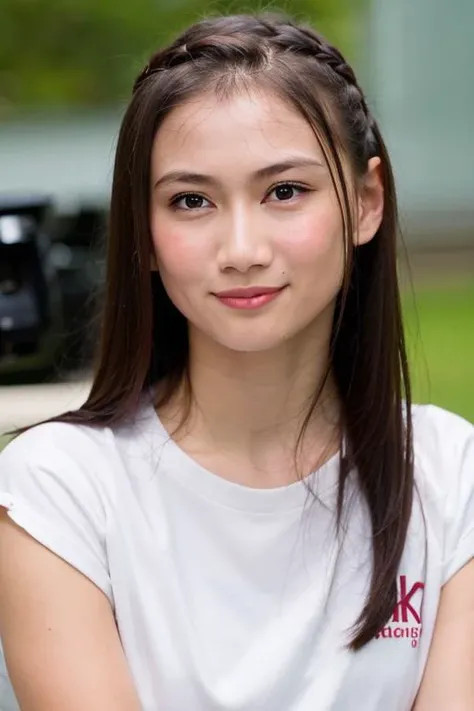 best quality, ultra high res, (photorealistic:1.4), 1girl, solo, closed mouth, white shirt, upper body, black eyes, lips, realistic (high detailed skin:1.2), 8k uhd, dslr, soft lighting, high quality, ((film grain)), Fujifilm XT3, ponytail
<lora:melodylaksani92:0.85>