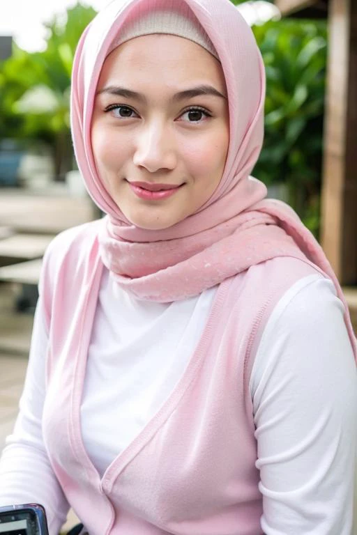 best quality, ultra high res, (photorealistic:1.4), 1girl, solo,pink hijab, closed mouth, white shirt, upper body, black eyes, lips, realistic (high detailed skin:1.2), 8k uhd, dslr, soft lighting, high quality, ((film grain)), Fujifilm XT3, full body, large breasts, 
<lora:melodylaksani92:0.85>