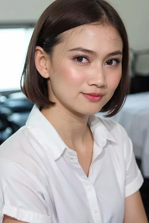best quality, ultra high res, (photorealistic:1.4), 1girl, solo, closed mouth, white shirt, upper body, black eyes, lips, realistic (high detailed skin:1.2), 8k uhd, dslr, soft lighting, high quality, ((film grain)), ((short hair)), 
<lora:melodylaksani92:0.85>
