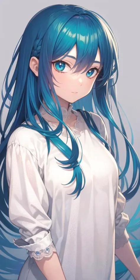 1girl, solo,upper body, looking at viewer, blue hair, simple background, chromatic aberration,dress, portrait, two-tone hair, long hair, <lora:mina_loha_v1a:1>