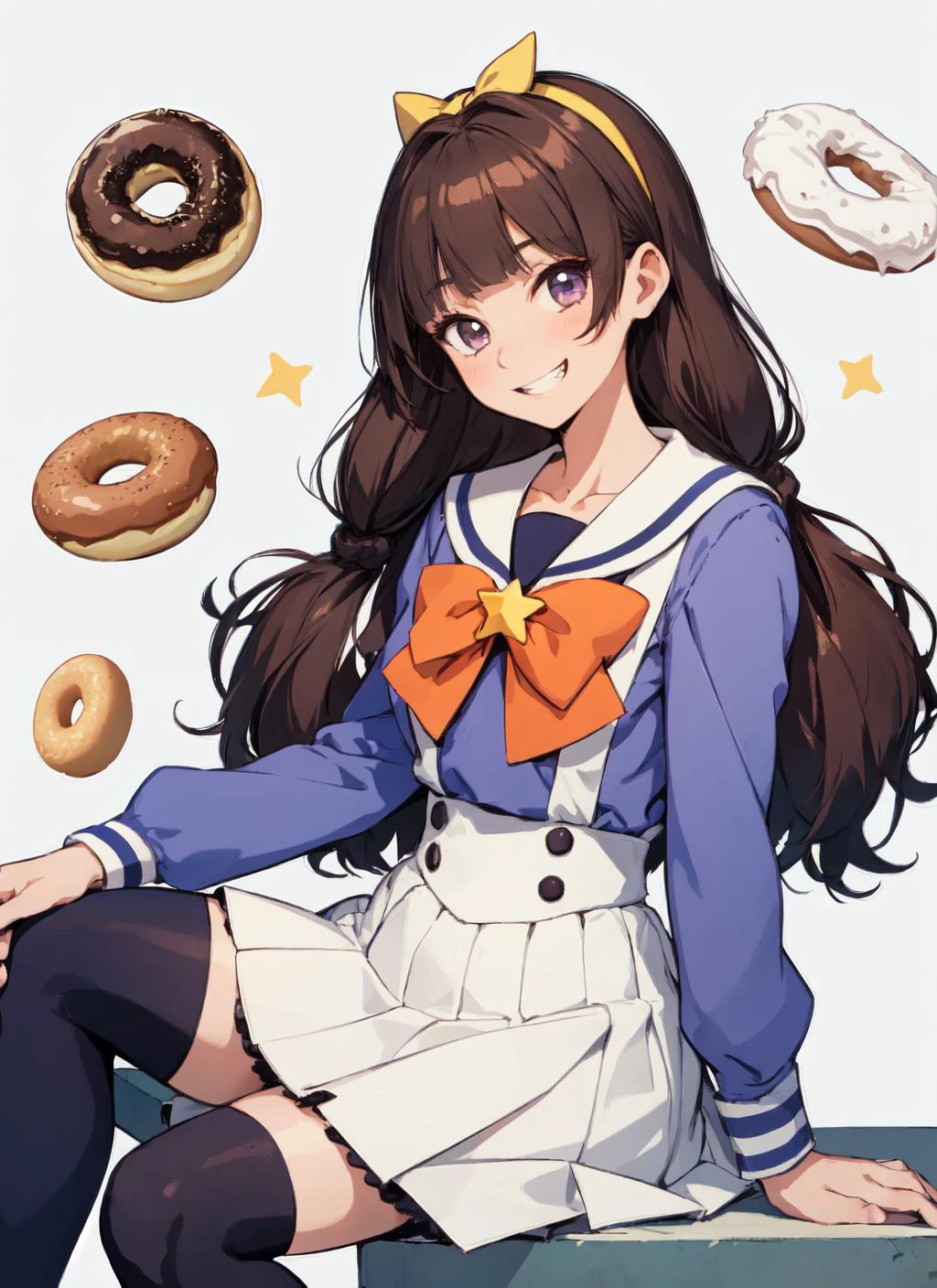 amanogawaki, 1girl, solo, yellow hairband, bowtie, star (symbol), school uniform, long sleeves, white skirt, blue thighhighs, mary janes, smile, looking at viewer, grin, sitting, simple background, from side, doughnut background <lora:amanogawaki_V5-09:0.7>