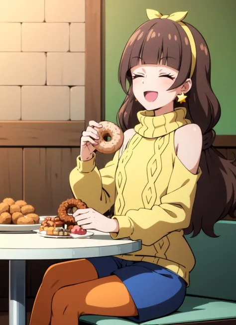 amanogawaki, 1girl, solo, yellow hairband, star earrings, turtleneck sweater, shoulder cutout, blue shorts, orange pantyhose, doughnut, closed eyes, food, open mouth, star (symbol), smile, :d, eating, holding food, anime coloring, sitting, pov across table, cup <lora:amanogawaki_V5-09:0.7>