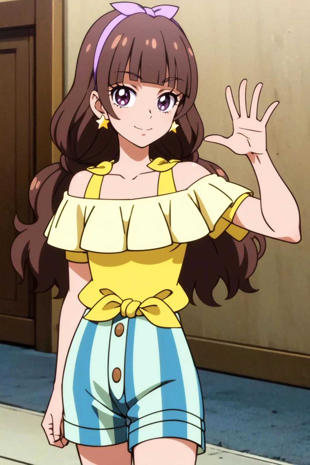 amanogawakist, 1girl, solo, purple hairband, star earrings, yellow shirt, bare shoulders, striped shorts, vertical stripes, smile, star (symbol), looking at viewer, cowboy shot, standing, closed mouth, waving, hand up, anime coloring, <lora:amanogawaki_V5-09:0.7> <lora:GoodHands-vanilla:1>