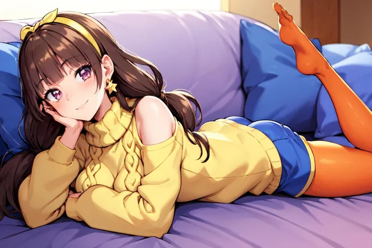 amanogawaki, 1girl, solo, yellow hairband, star earrings, turtleneck sweater, shoulder cutout, blue shorts, orange pantyhose smile, pillow, lying, on stomach, looking at viewer, head rest,hand on own cheek <lora:amanogawaki_V5-09:0.7> <lora:GoodHands-vanilla:1>