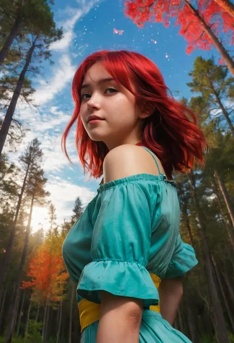 whimsical photograph of a good-looking visual poetry rawboned 21 years old young woman, back, happy, colorful, playful, hope, Blood Red, Cloud Burst Blue, Forest Green, backlighting, abstract, ilya kuvshinov, katsuhiro otomo, alphonse mucha