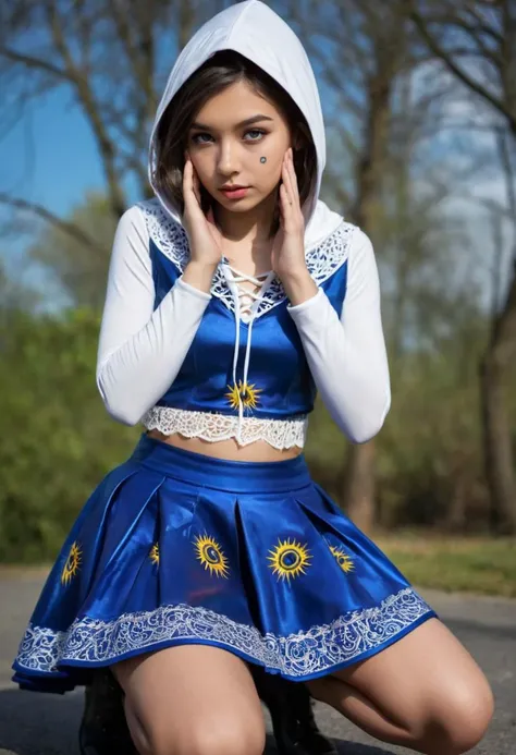 ultrarealistic portrait of a 21 years old wiry young woman, mild, free-thinking, solar-polymer techno tribe pattern sapphire blue quantum neon skirt, neural lace skater skirt, cybernetic hooded ankle boots, graphene eye patch , cutie pie, personable, kneeling with head bowed, displaying humility or prayer, ultra detailed, hyperrealism, Malaysian, cleavage, caramel skin, deep grey eyes, vintage-inspired makeup, lum
