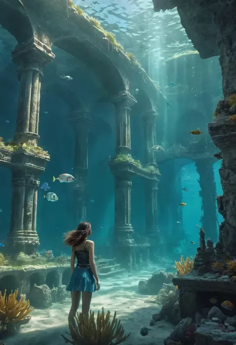 a young woman underwater discovering a sunken city, detailed digital art, trending on Artstation