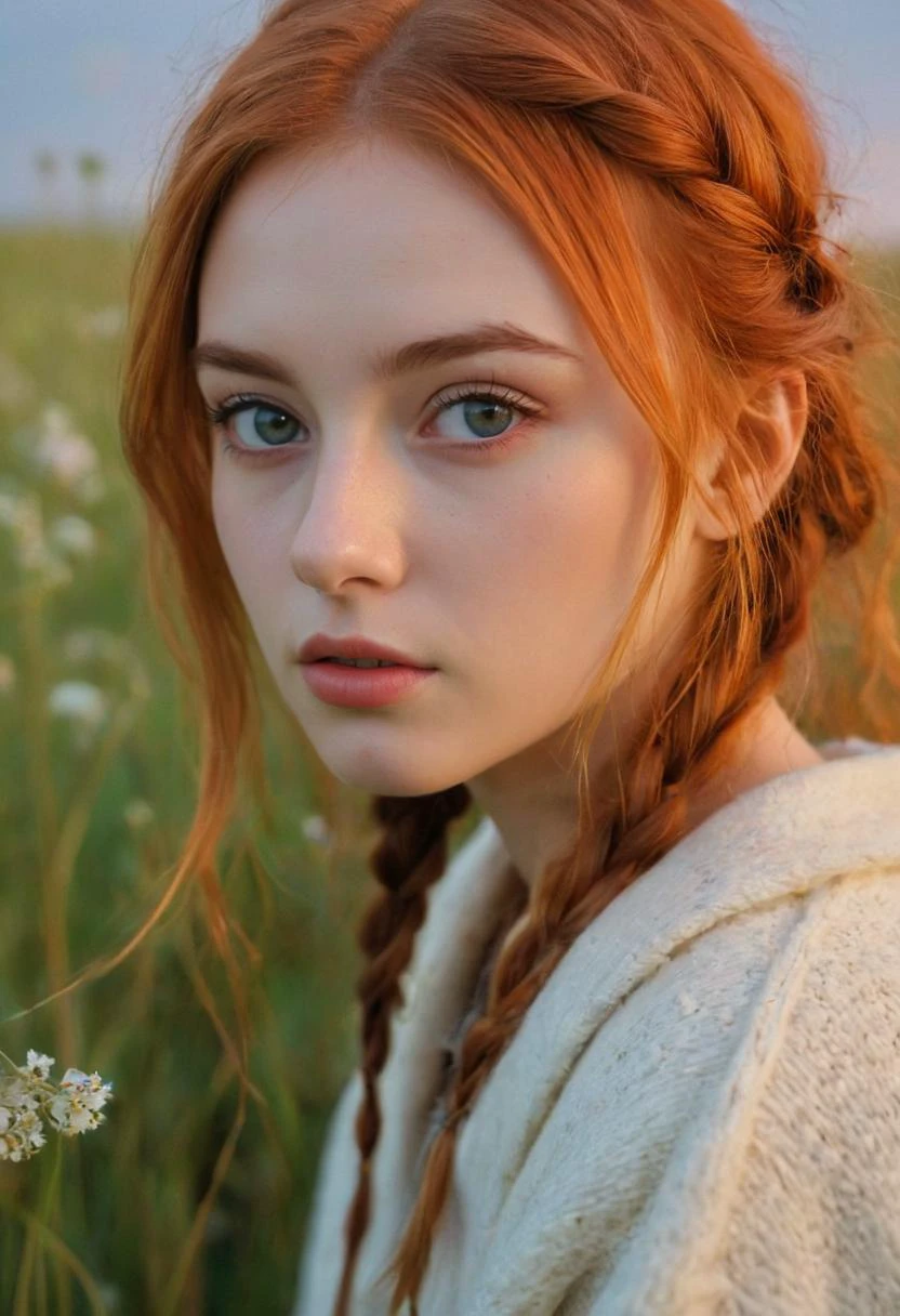 photograph of colorful cute 20 years old young woman, Polish, Bleach, cute, meadow, personable, Fine, curious, evening, spring, close-up, auburn lighting, genzoman, wool, wool-tanned, pro photography by Viktor Vasnetsov, krenz cushart, Greg Rutkowski, painting by Alphonse Mucha