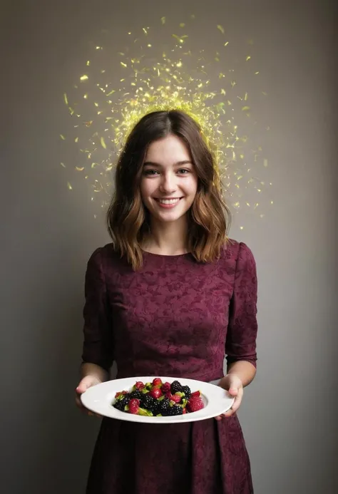 whimsical photograph of a aesthetical dish sylphlike 20 years old young woman, designer, happy, colorful, playful, hope, Mulberry, Antique Gray, Olive Brown, backlighting, abstract, iphone