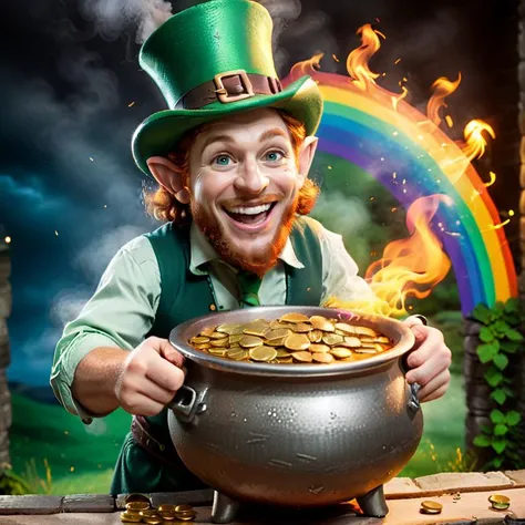 cinematic film still Illustration about Wily leprechaun, tempting you with his pot of gold. No transparency used. Basic (linear) gradients. Illustration of cauldron, ireland, celtic <lora:xl_more_art-full_v1:1> <lora:dare_rainbow_flames:0.8> snes screenshot, Rainbow-colored splotches, friendly smile, vibrant wallpaper, flaring flames . shallow depth of field, vignette, highly detailed, high budget, bokeh, cinemascope, moody, epic, gorgeous, film grain, grainy