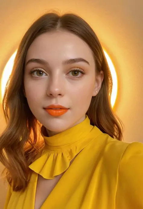 whimsical photograph of a splendid luxury delicate 19 years old young woman, might, happy, colorful, playful, hope, Canary Yellow, Monarch Orange, Caramel, backlighting, abstract, iphone photo