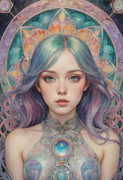 21 years old young woman, conceptual art, expressive, effervescent, folklore, empowering, forceful, beautiful, art nouveau, inspired by victorian england and amsterdam, detailed, kaleidoscope, psychedelic, cosmic energy by Kelly McKernan, yoshitaka amano, hiroshi yoshida, moebius, artgerm, cool tone pastel rainbow colors, inspired by dnd, iridescent aesthetic, centered symmetrical and detailed