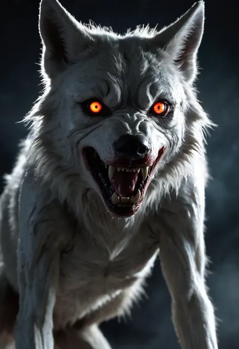 dark nightmare of a 21 years old Citizen of Antigua young woman, female space wolf, wolfish humanoid, human, bipedal, glowing eyes, enlarged fangs, powerful, lunar influences, scifi, tech, frightening, umbral, rotten, gripping, translucent, melancholy, glaring, f/8, shutter speed 1/8000 sec, iso6400, white balance cloudy, exposure compensation "-2.0 ev", shutter priority shooting mode, symmetry and balance, focus mode single, center-weighted metering, by tyler kenney, level of detail,