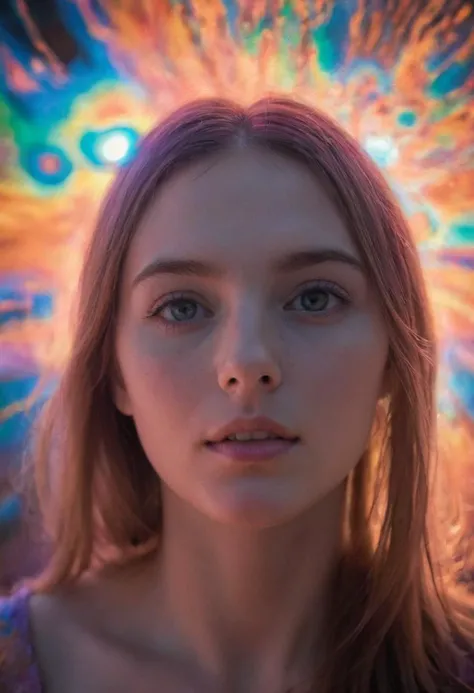 photograph of young woman, original, psychedelic, effervescent. lighthearted, macro photography, mysterious glow,