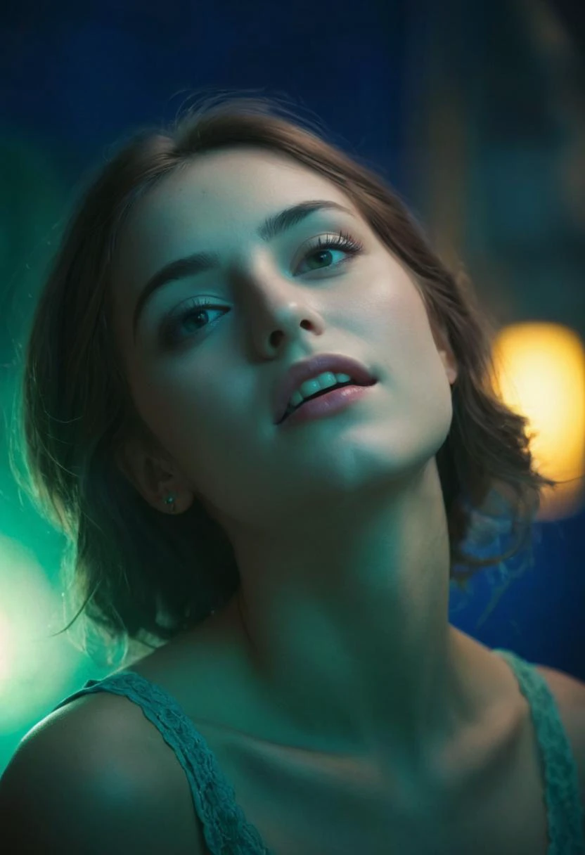 whimsical photograph of a handsome luxury spare 21 years old young woman, debate, happy, colorful, playful, hope, Dorian Gray, Dark Green, King Blue, backlighting, abstract, ivan aivazovsky, high quality