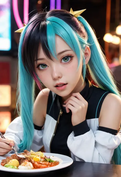 action photograph of Kaai Yuki, vocaloid, (colorful:1.25), anime, ultra realistic, dish, delicate, bright lights, exciting, vivid colors, hyperrealistic 3d animation, ultra detailed, angular, bonnie,
<lora:xl_more_art-full_v1:0.5>