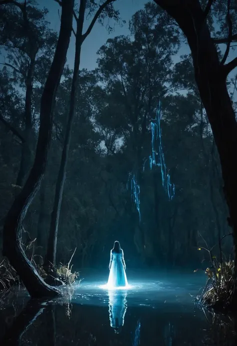 dark nightmare of a 21 years old Vincentian young woman, chupacabra, phosphorescent flickering floating mysterious enchanting light, blue, marshy, swampy, vanish, supernatural phenomena, , night, phantasmal, direful, disintegrating, dramatic, tormented, depressing, flaring, f/11, shutter speed 1/1000 sec, iso6400, white balance fluorescent, exposure compensation "-2.0 ev", shutter priority shooting mode, framing, focus mode continuous, partial metering, by j. h. williams iii, environment lighting,