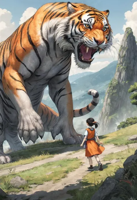 a serene scene, young woman playing fetch with a giant monster, epic vista, godrays, happy, hope, love knows no bounds, Tiger Orange, Amaranth, sunlight,  aesthetic, watercolor, pen and ink, intricate line drawings, by Yoshitaka Amano, Ruan Jia, Kentaro Miura, Artgerm, detailed, trending on artstation, hd, masterpiece