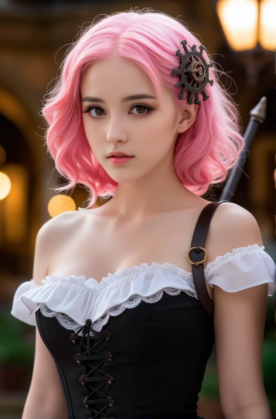 (((masterpiece))) , (((best quality))) , anime style, 2d, [ (designed by Mike Campau:1.1) : (Evgeny Lushpin:0.9) :4], photograph, Irish (alluring 1girl, solo:1.3) Feudal lord, she is Charming and Divine, Miserable chin and Ethereal eyebrows, she is dressed in One-shoulder top, The One-shoulder top is Ghostly and has Cotton details on it, It looks Breathtaking on her, she has a [Aesthetic:Loving:2] Venetian fluorescent pink Hair Clip and Mechanical Body Parts, Bokeh, Illustration, High Shutter Speed, Nikon d850, F/5, key visual
