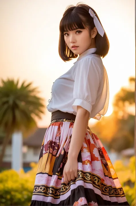 (((masterpiece))) , (((best quality))) , anime style, 2d, photograph, [Thai Chinese|Techno] Chaplain (cute 1girl, solo:1.3) , very Nasty, she is dressed in her Maxi skirt and blouse, The Maxi skirt and blouse is inspired by the Spirited away movie spirit and Pulp Fiction movie, Bouffant hair, at Sunset, split diopter, Vivid, Cosy, Dramatic spotlight, bokeh, Ilford HP5+ 400, 80mm, realism, emotional, key visual