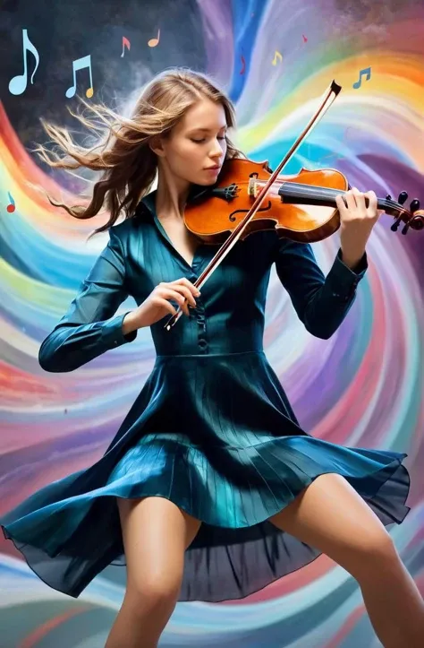 young women playing the violin, music notes flying around, multicolor waves of sounds, abstract, silk, elegant, highly detailed, digital painting, artstation, concept art, smooth, sharp focus, illustration, art by Ilja Repin