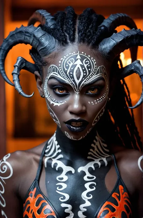 Typographic art a20 years old african evil young female monster girl, horror, scary, dark, creepy, photorealistic, (monster girl, eldritch abomination) . Stylized, intricate, detailed, artistic, text-based rendering, trending on cgsociety, trending on artstation, (tattoo, heavy makeup), intense look, (evil expression:1.2), ultra white skin, glowing eyes,  photorealism, defined facial features, symmetrical facial features, Amazing textured brush strokes, full body shot