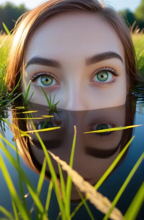 pond reflection of young woman s eyes, close-up, low angle, high detail, warm lighting, volumetric, godrays, vivid, beautiful, trending on artstation, by Jordan grimmer, huge scene, grass, art greg rutkowski