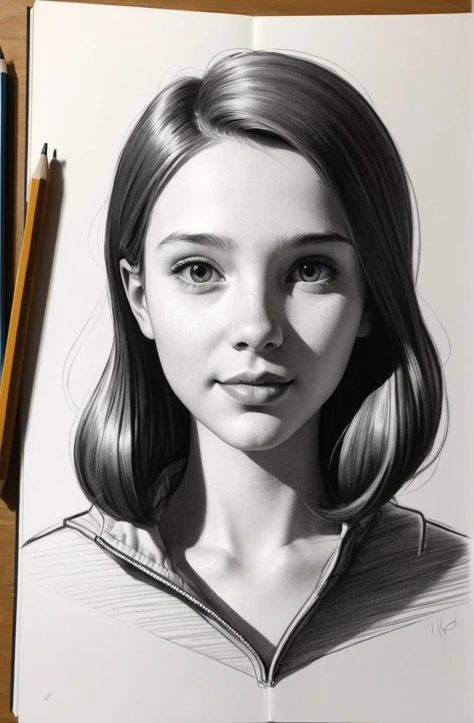 a kids book drawing of a young woman,  pencil, black and white, line drawing, by Grzegorz Rutkowski, concept art