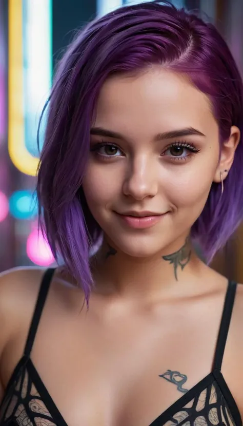 Cute, very beautiful, hot, sexy, 18-year-old girl, smiling, looking straight at the camera, very focused close-up photo of her face, dreamy look, cyberpunk style, neon ambient lights, purple hair, tattoo on her face