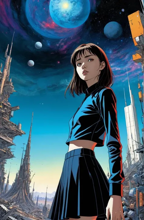19 years old well-favored (Cymro young woman), vibrant, epic background, sexy outfit, (abtract:1.2), artistry, galaxy, Nightmare, cluttered, by Naoki Urasawa and Philippe Druillet, (thirsty), incredible quality, trending on artstation