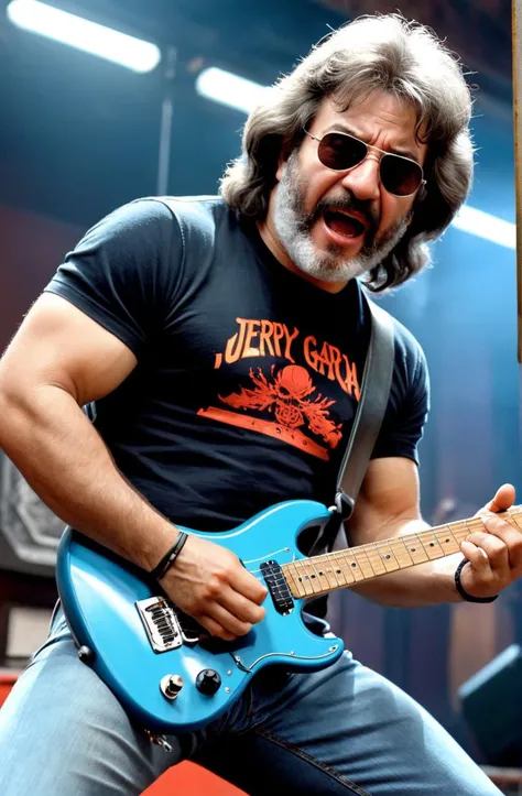 a 80s action movie scene, 80s Action Movie Poster, Jerry Garcia, strong strong angry angles, 80s poster, very detailed, 8K, intricate, smooth, trending on artstation