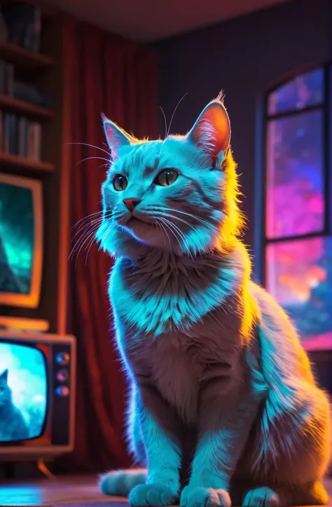 abstract scene, whimsical, colorful, epic, magical, erotic,   artstation, hd, dramtic lighting, cat, digital painting, painterly, medium shot, 4k, illustration, concept art, ((sharp focus)), Tv highlights, Bioluminescent, photorealistic, octane render, RPG portrait, Sci-fi, arthouse