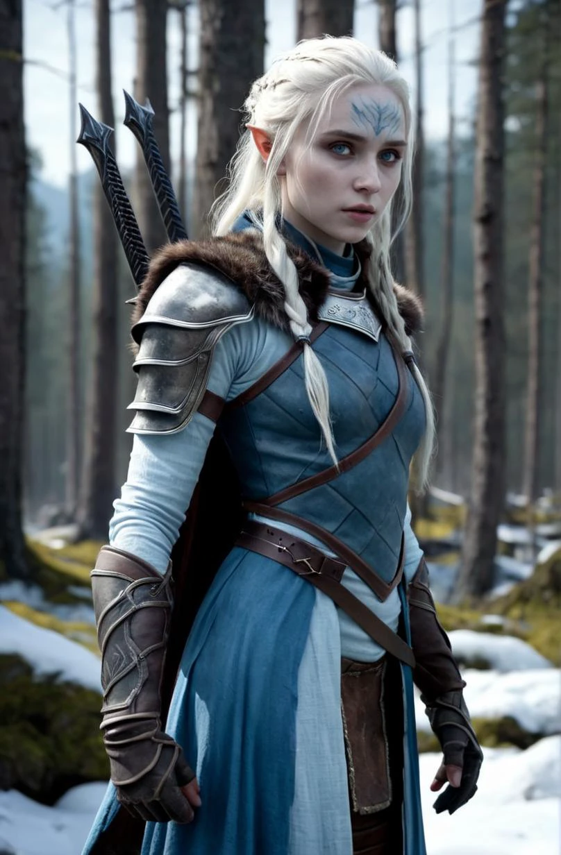 young female white walker from game of thrones, hyperrealism, snow, weapon, armor, concept art, character design, artstation, wlop, by Peter Mohrbacher, John William Waterhouse and Greg Rutkowski, 4k, artstation, realistic, cinematic