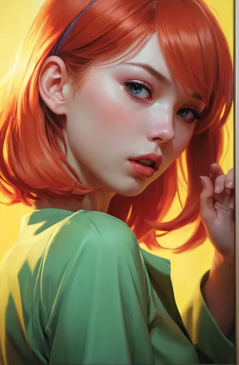 ((Low angle shot) young Brighton Sharbino ), (((down view))) (a glance at the low camera). (Hyperrealistic), Very short orange hair, green eyes, Freckles, Cute white Tank top, Mini Shorts, Sports, Sweaty, Medium Breasts, Aesthetics, ((oil painting)), (headband:0.75),(turquoise:0.2),(orange:0.2), (Jeremy Mann:0.5), (John Constable:0.1),(El Greco:0.5),(rough strokes of acrylic paint:0.75), 8K