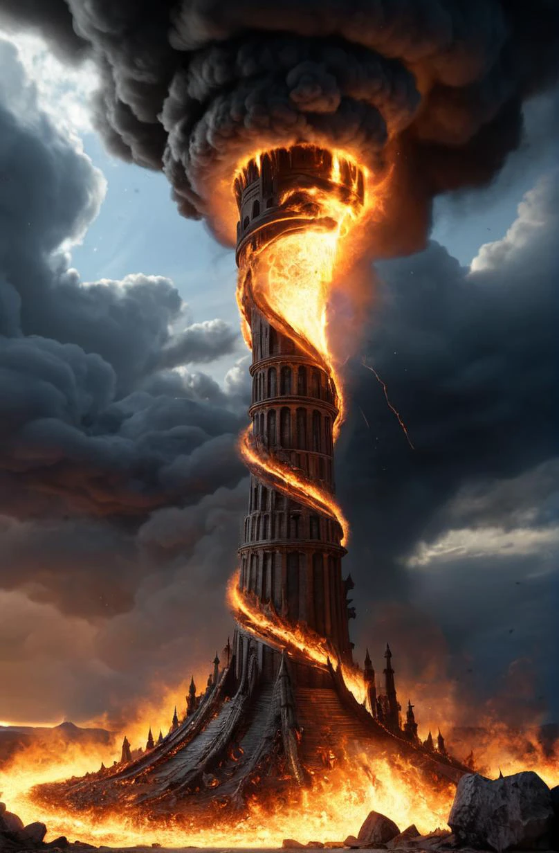 a powerful emotional scene, a fire tornado, dramatic, intricate, elegant, highly detailed, digital painting, artstation, concept art, smooth, sharp focus, illustration, art by Gustave Dore, octane render