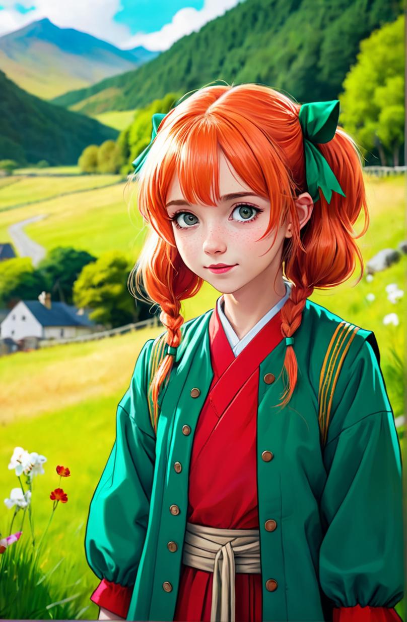A woman with red hair and a green jacket standing in a field - SeaArt AI