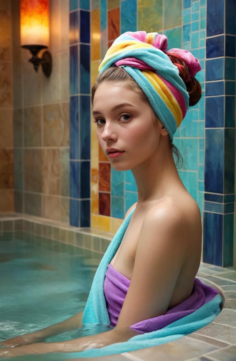 a young woman at the spa, partially submerged, wearing colorful towel, highly detailed, digital painting, artstation, concept art, sharp focus, illustration, art by greg rutkowski and alphonse mucha