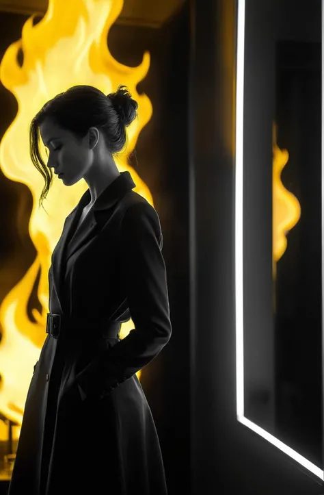 a young women's silhouette, monochrome, bright yellow flames in the background, reflection,  dramatic lighting, digital art, trending on artstation