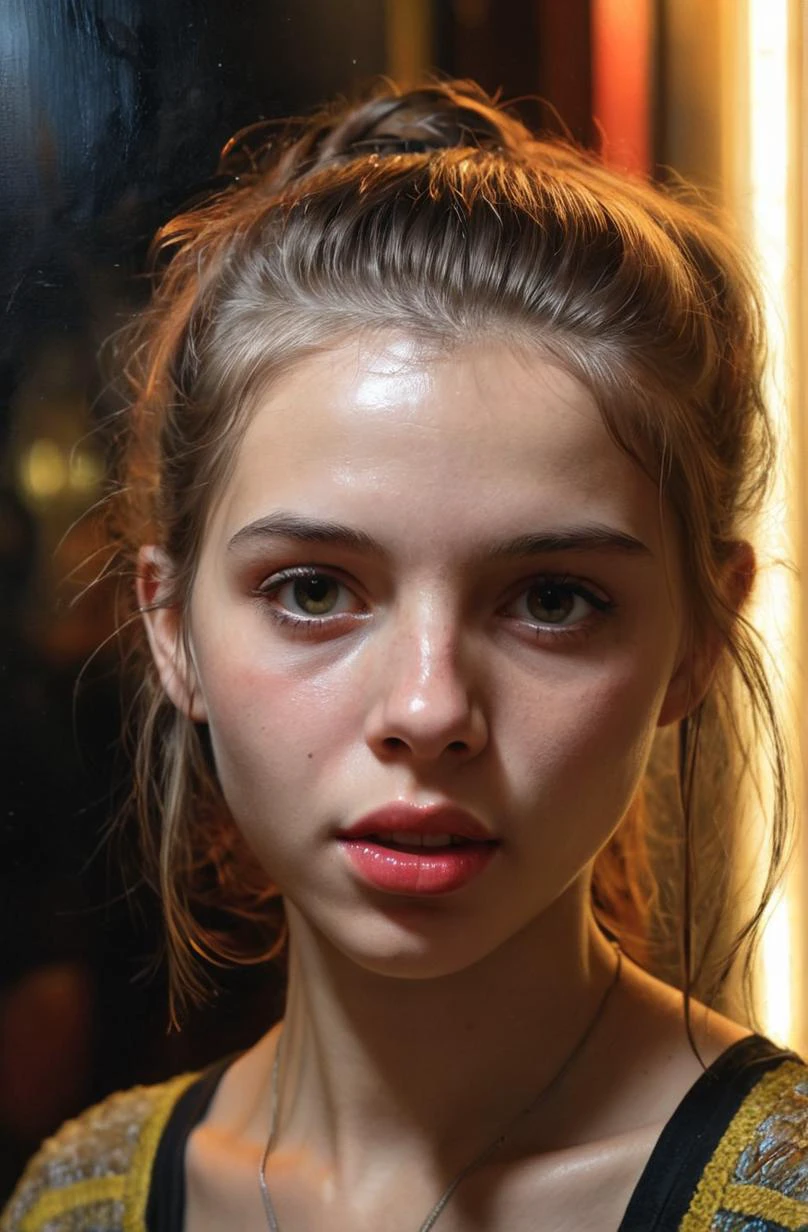 a young female woman, hyperrealism, 80s, very detailed, expressive oil painting, painting by Ivan Albright and Heraldo Ortega, trending on artstation dramatic lighting Expressionism