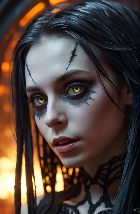 (intricate detail, 8k uhd, dslr, soft lighting, high quality, film grain:1.1),
(looking at viewer:1.1),dark horror at night,
dreamy african female demon with horns (covered in black oil:1.3),loose brunette hair, (gold eyes,gritty:1.2) <lora:Demon Girl:0.75> demon girl style