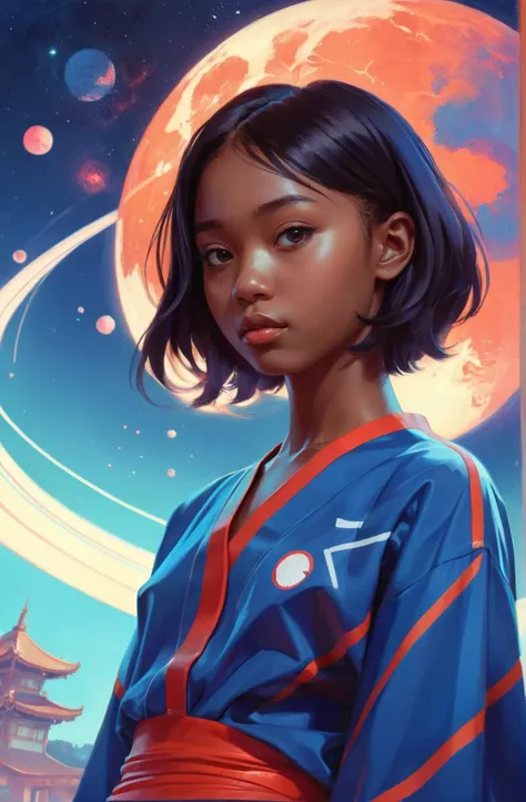 18 years old lovesome Gambian young woman, vibrant, epic background, sexy outfit, pure, wholesome, cute, cosmic,  ilya kuvshinov, james jean, artgerm, wlop, loish, rhads, makoto shinkai, rossdraws, tom bagshaw, mucha, global illumination, radiant light, detailed and intricate environment