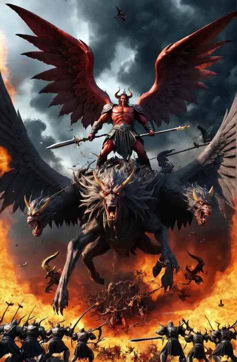 imagine a scene of war between heaven and hell, angels, demons, digital painting, cycles, cgi render,