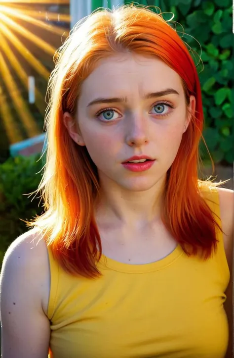 epic scene, cute, sexy, photorealistic, highly detailed, sharp, sunshine, anxious, 19 years old Irish woman,  vivid color, ,