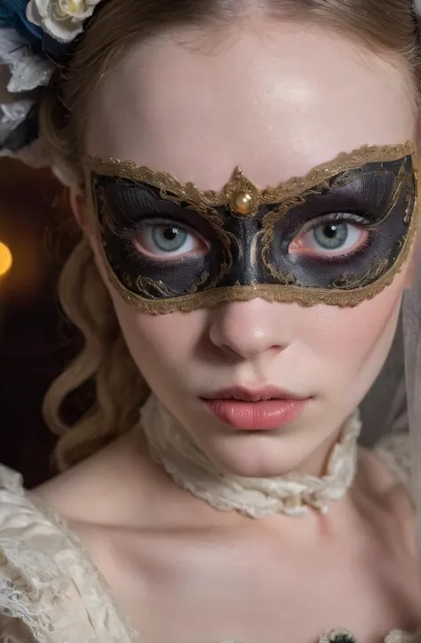 A young woman in a (carnaval mask) wearing a victorian dress, close-up, ultra-realistic, dark portrait, skin pores, intensely beautiful eyes, ultra pale skin, parted lips,unnaturally beautiful,