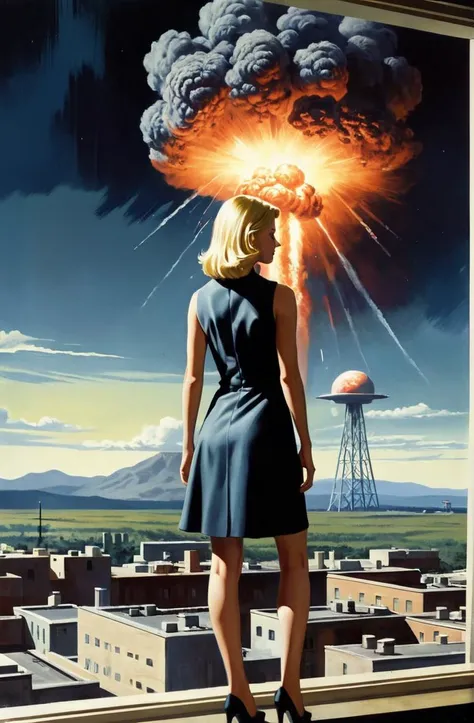 1girl, epic landscape, nuclear explosion, masterpiece, realistic, lineart, flat colors, <lora:lineartSDXL:1>