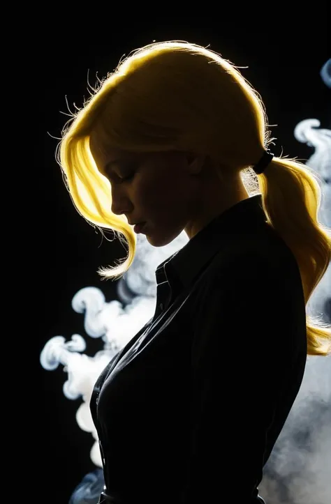 19 years old woman silhouette, female spy, hyperrealistic, black background, dark, Baby Yellow outline, diffuse, smoke
