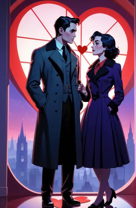 valentine day scene, flashy, bonnie, lovesome, drop-dead, handsome, decimal, silhouette, heart, care, twilight, by Margaret Bourke-White, ilya kuvshinov, Kelly McKernan, 16 thousand, illustrated, coherent, trending on artstation, excellent composition, cinematic atmosphere