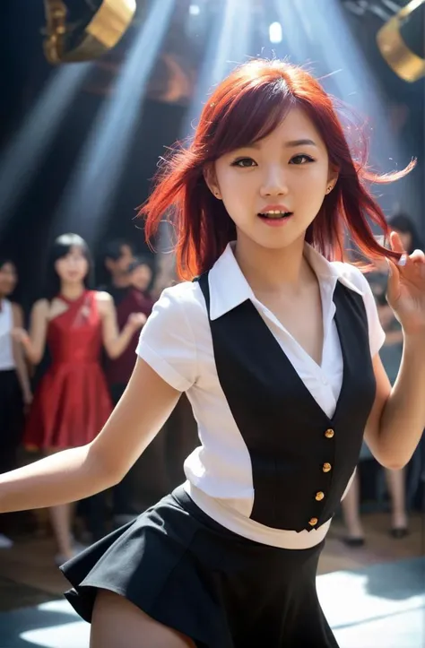 action photograph of a young women at a kpop show, soft diffused natural sun lights, realistic oil painting, detailed digital matte painting, concept art, dnd, highly detailed, by WLOP, Artgerm, Alex Ross, Deviantart