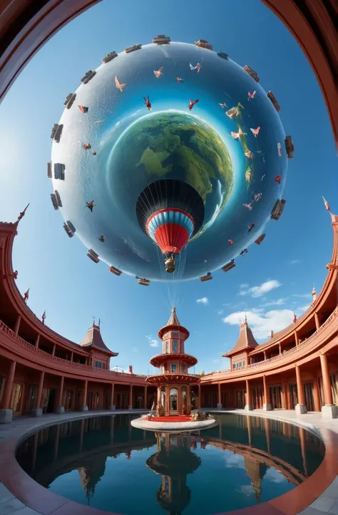 a fantastical scene, gorgeous, painted by Greg Rutkowski, Moebius, Karlkka, Jayison Devadas, Phuoc Quan, trending on Artstation, 8K, ultra wide angle, zenith view, pincushion lens effect