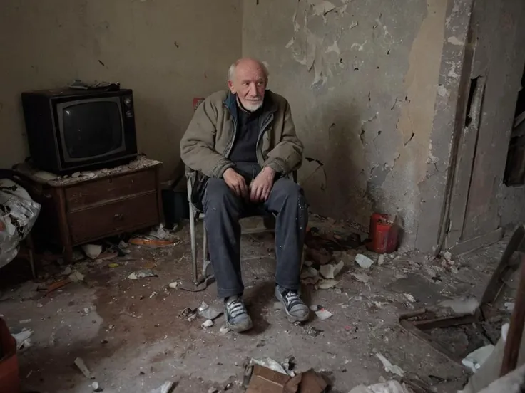 An old man with dirty clothes sits in the room in a broken chair. a small old-fashioned boxy television sits among the rubble in a room with garbage strewn over the floor, the walls are chipped with paint. the room is dark with only a trickle of light coming in from cracks in the walls.